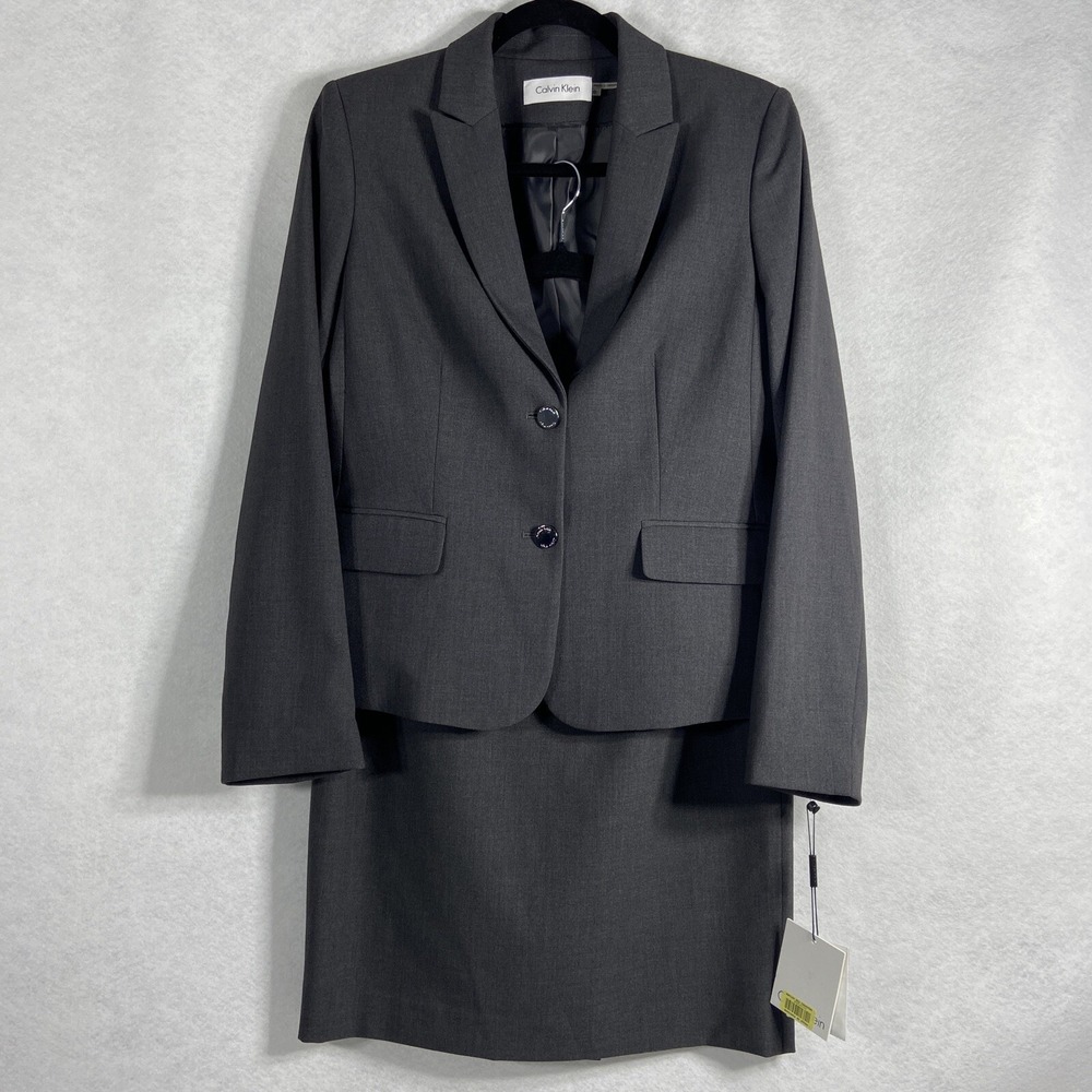 Calvin Klein 2PC Skirt‎ Suit Womens Blazer Size 8 Skirt Size 6 Gray New